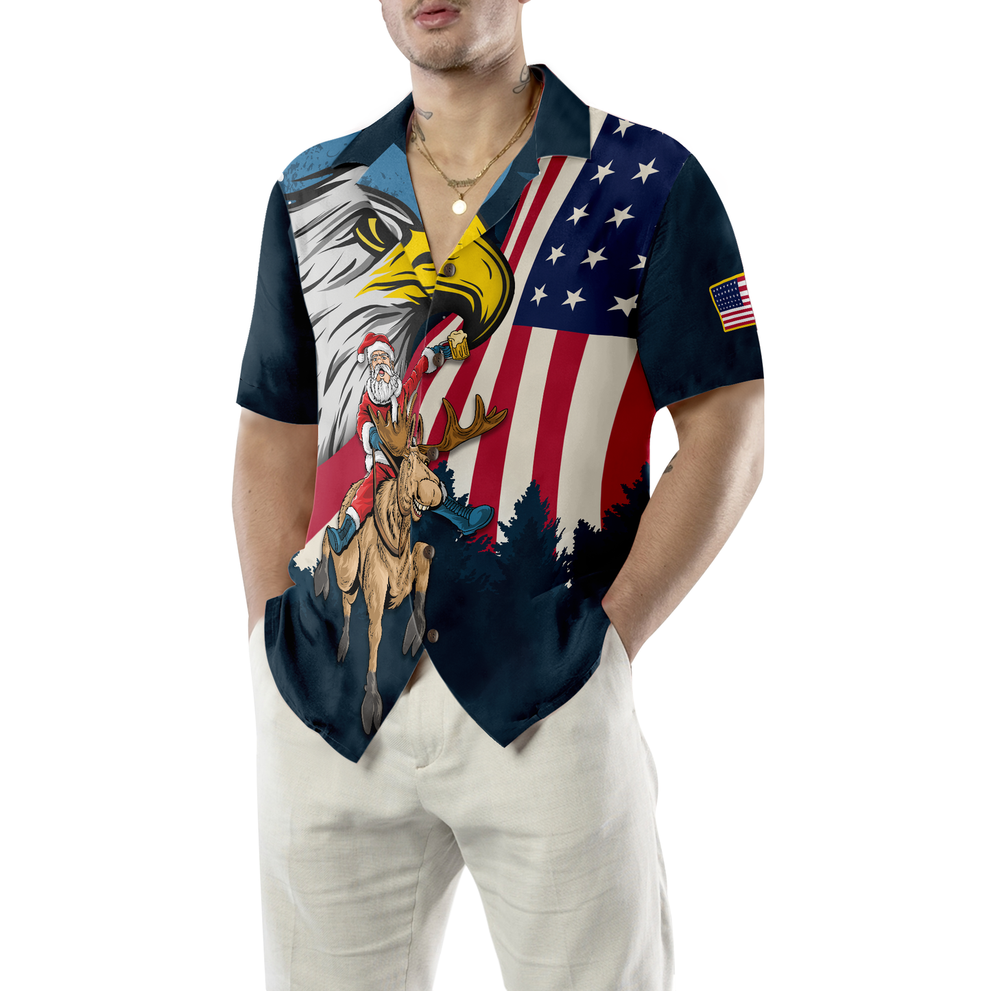 Chic und Stil | Chemises hawaïennes de Noël Hyperfavor, Santa avec drapeau américain 2 Chemise à manches courtes, idée de chemise de Noël cadeau pour hommes et femmes