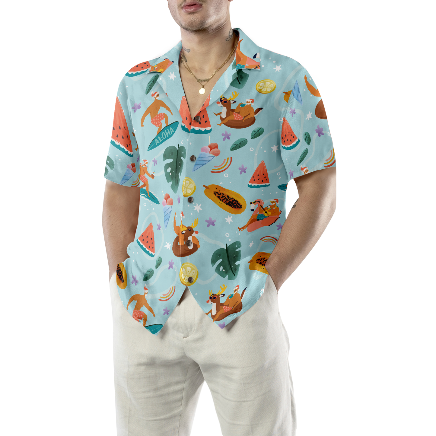 Chic und Stil | Hyperfavor Santa Beach 2 Motif Chemise Hawaii, Chemises de Noël à manches courtes chemise à bouton pour hommes et femmes