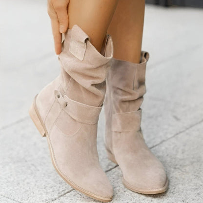 Chic und Stil | Boots - Suede - Gathered Design - Low Heel - Comfortable and Stylish