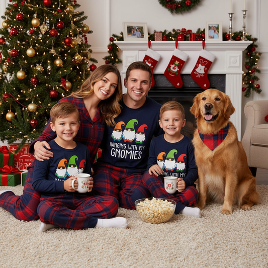 Chic und Stil | Three Santa Clauses "HANGING WITH MY GNOMIES" Monogram Print Blue Long Sleeve Top with Classic Red and Blue Checkered Pants Family Matching Pajamas