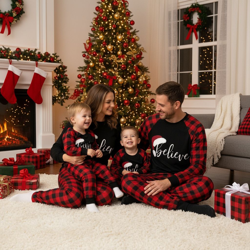 Chic und Stil | Christmas hat and 'Believe' letter print pattern contrast black top and black & red checkered pants family matching pajamas set