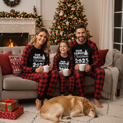 Chic und Stil | Christmas tree & "2025 Creating Memories Together" patterned contrast top and black-red checkered pants family matching pajama set