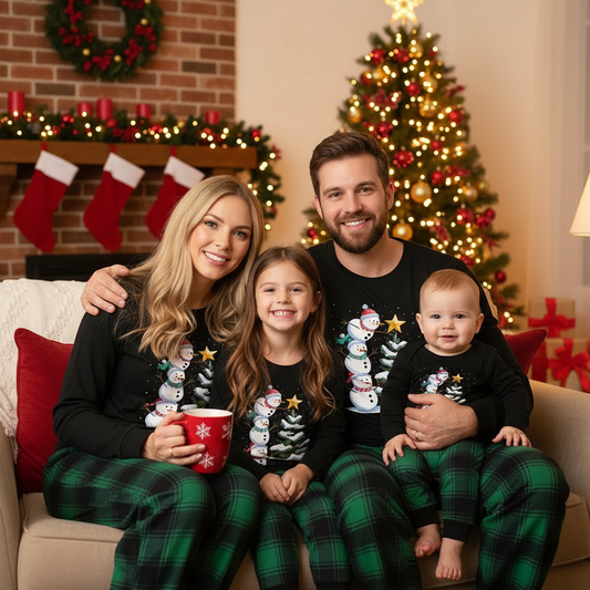 Chic und Stil | Christmas Family Pajama Set - Black Top and Green Checkered Pants with Snowman Comic Print