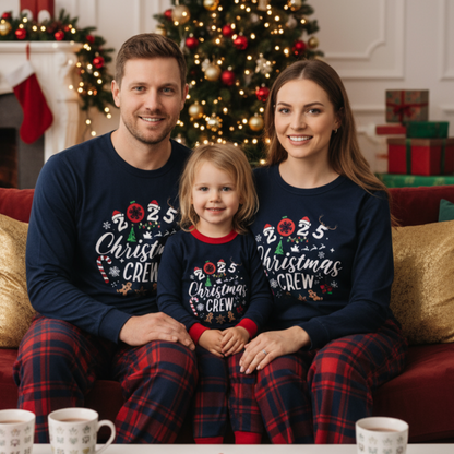 Chic und Stil | "2025 Santa Crew" Text and Santa Hat Prints Blue Long Sleeve Top with Red and Blue Checkered Pants Christmas Matching Pyjamas