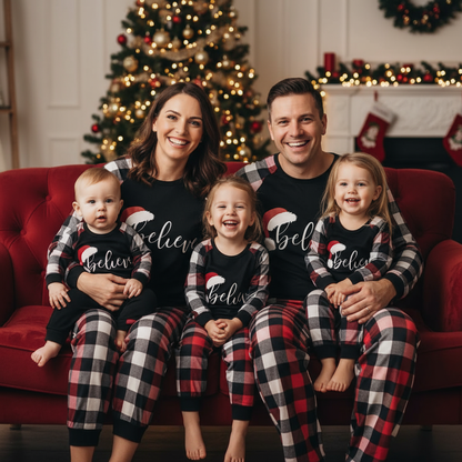 Chic und Stil | Christmas hat and 'Believe' letter print patterned check sleeves contrast tops and red & black & white check pants family pajama set with dog bandana